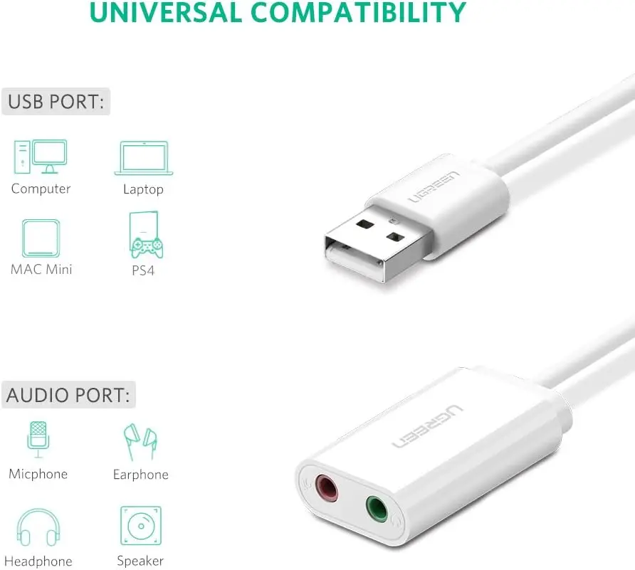 유그린 USB 사운드 카드 외장 어댑터 (3.5mm 이어폰 및 마이크 잭 포함), 플러그 앤 플레이 방식, 컴퓨터용