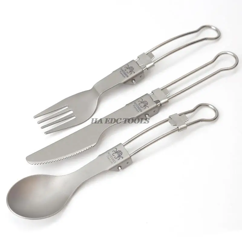 Titanium Tableware Set Folding Knife Fork Spoon Cooking Outdoor Portable Hiking Picnic Camping Supplies Bushcraft Equipment