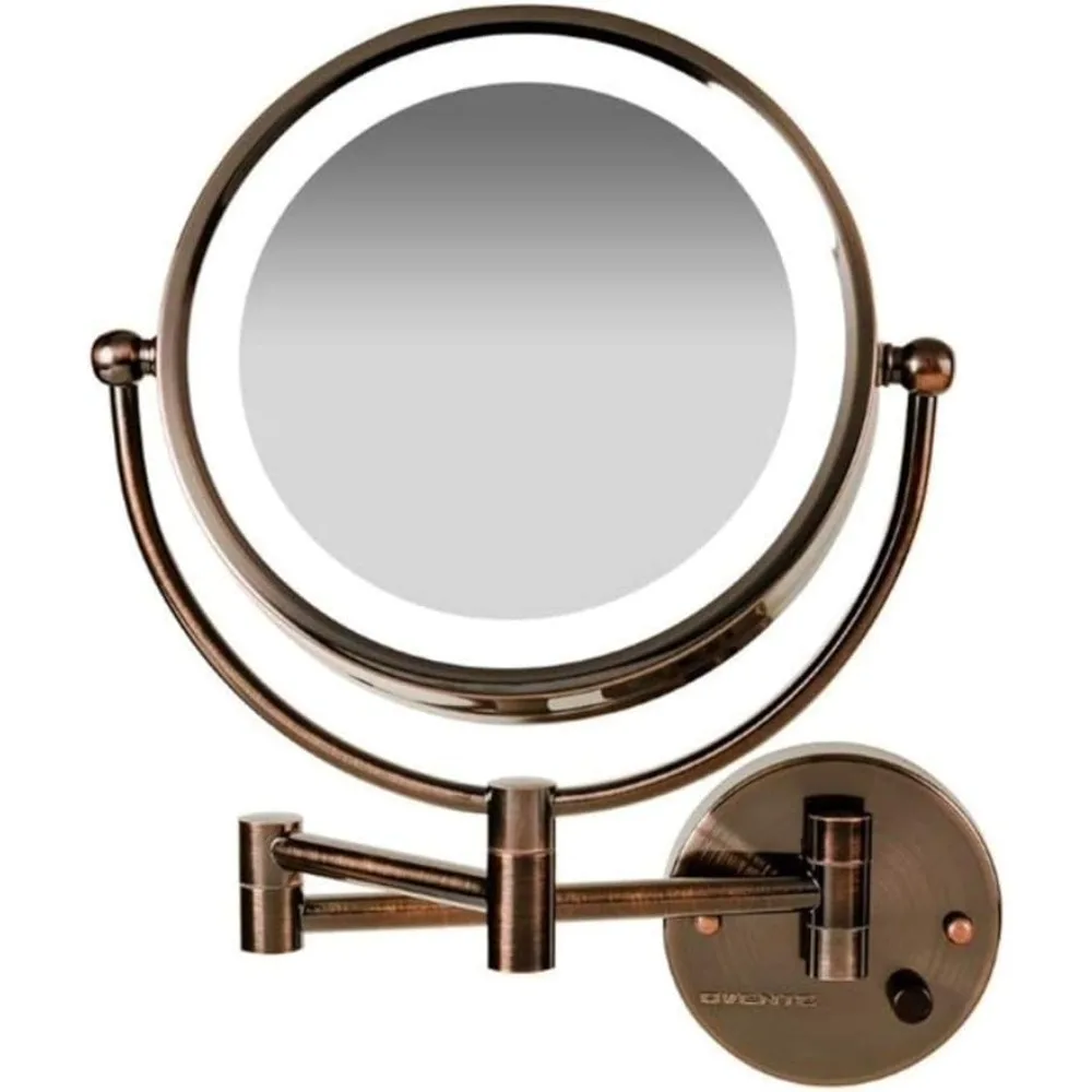

8.5'' Hardwired Lighted Wall Mount Bathroom mirror, 1X & 7X Magnifier White LED, Extend & Fold, Retractable Arm, Antique Brass