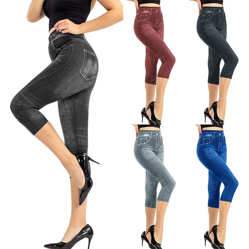 

Women Slim Cropped Pants Stretch Denim Leggings Faux Denim Jeans Legging Fashion Fitness Leggings High Waist Pants