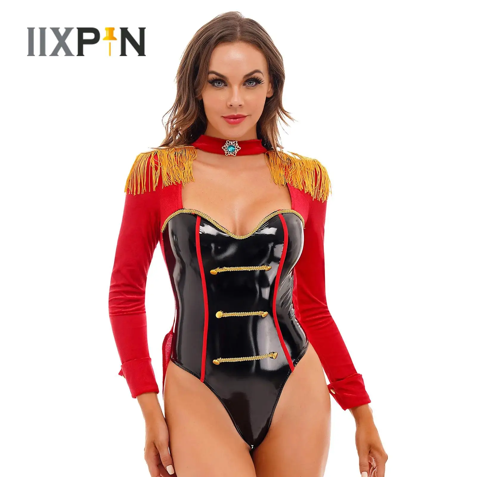 

Halloween Circus Ringmaster Cosplay Costume Women Tassel Long Sleeve Bodysuit Swallow-Tailed Catsuit for Party Stage Performance