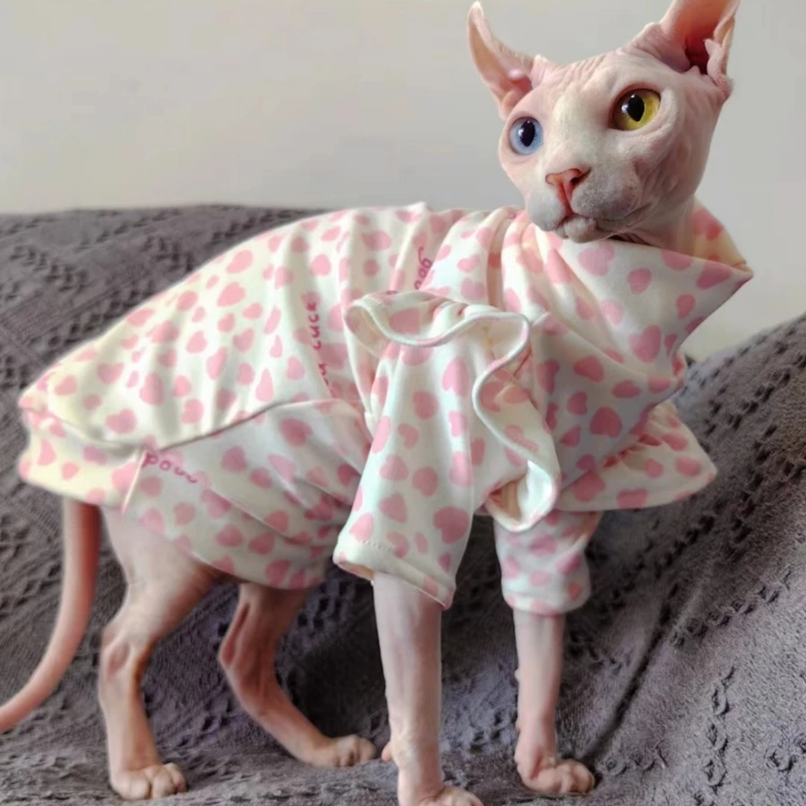 

Spring pink Dress for Sphynx Cats Cotton Lace Sleeves Skirt For Hairless Cat Clothes Soft Sweet love Shirt For Kittens in Summer