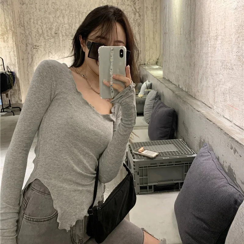 Women's Slim Fit Long Sleeve Bottoming Tees Round Collar Tops Grey Spring Autumn2025 New Fashion 908