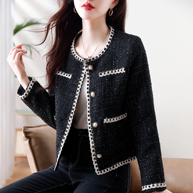 

Женский твидовый укороченный пиджак, элегантный черный шерстяной однобортный Блейзер в Корейском стиле, повседневная короткая верхняя одежда для осени