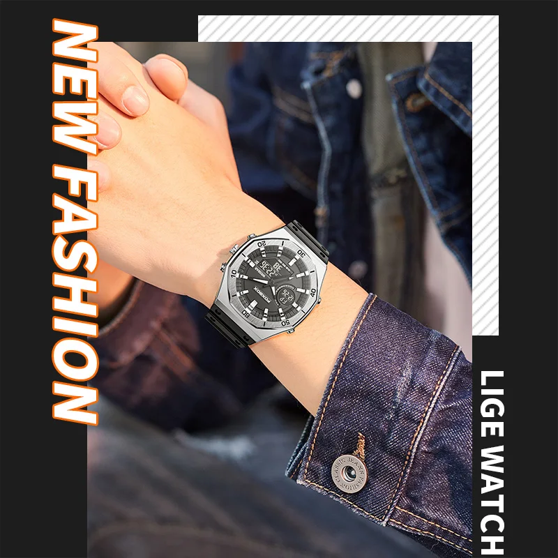 FOXBOX New Dual display Watches For Men Casual Sports Chronograph Quartz Big Dial Wrist Watch Silicone Waterproof Digital Clock - 5