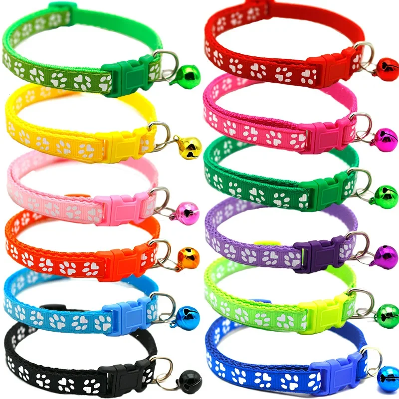 

Pet Collar With Bell Cartoon Footprint Colorful Dog Puppy Cat Accessories Kitten Collar Adjustable Safety Bell Ring Necklace Pet