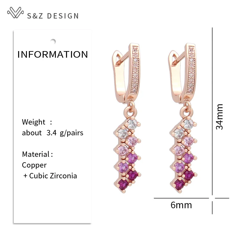 S&Z DESIGN New Fashion Elegant Pink Gradation Cubic Zirconia Dangle Earrings For Women Wedding 585 Rose Gold Color Jewelry Gift