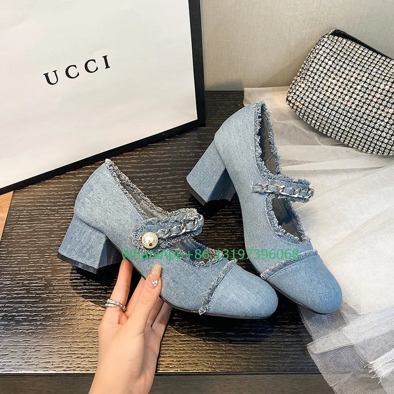 

Lady retro denim design chunky heel Mary Jane shoes heel 7cm vintage peal design flat shoes elegant party dress pumps size 40