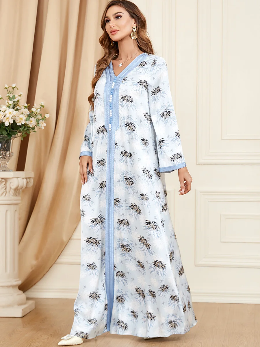 

Spring Summer 2023 Muslim Women V-neck Long Sleeve Polyester Printing Green Light Blue Long Dress Muslim Fashion Abaya