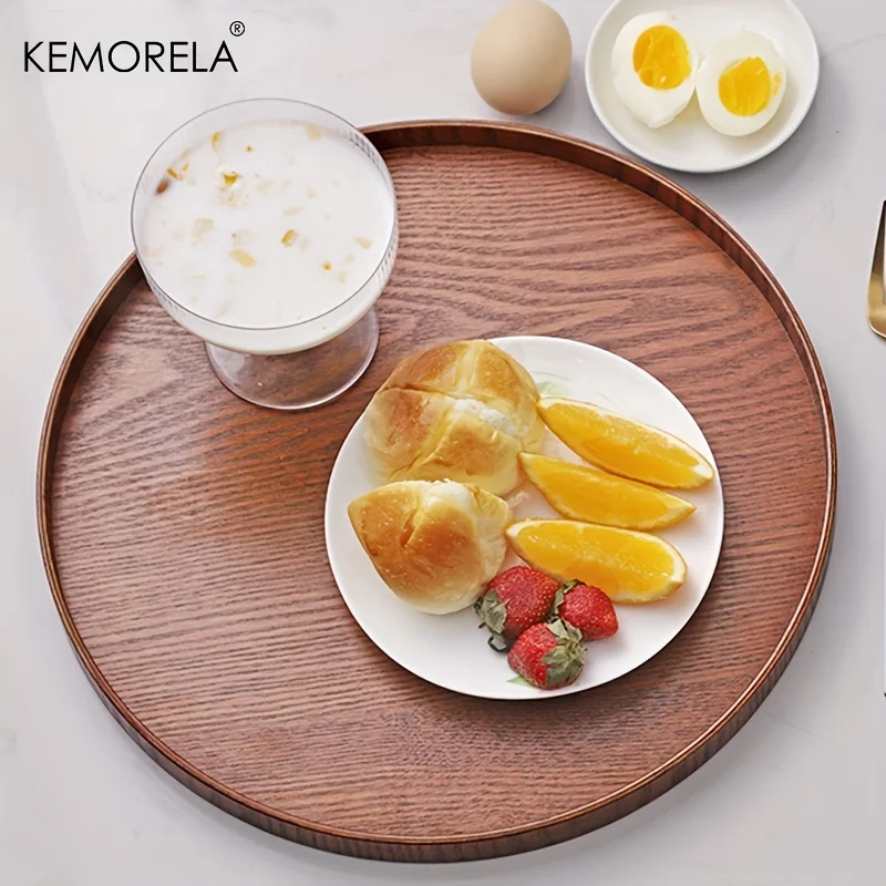 Wooden Serving Tray Kemorela 4 sizes Round Acacia Wood Decorative Farmhouse Candle Holder For Kitchen Counter Home Decoration