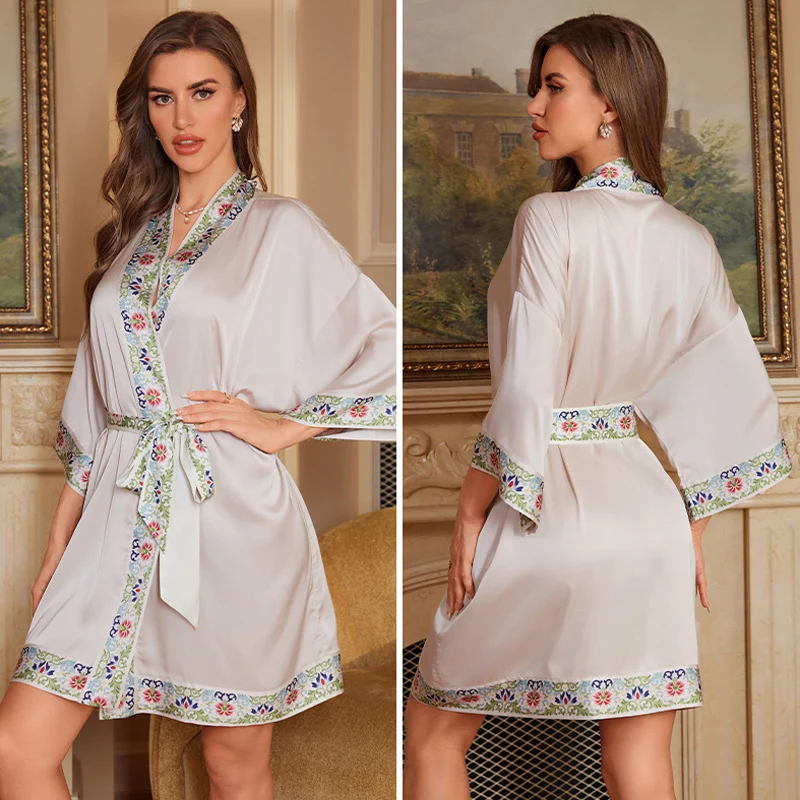 Navy Blue Floral Silk Satin Kimono-Style Nightgown