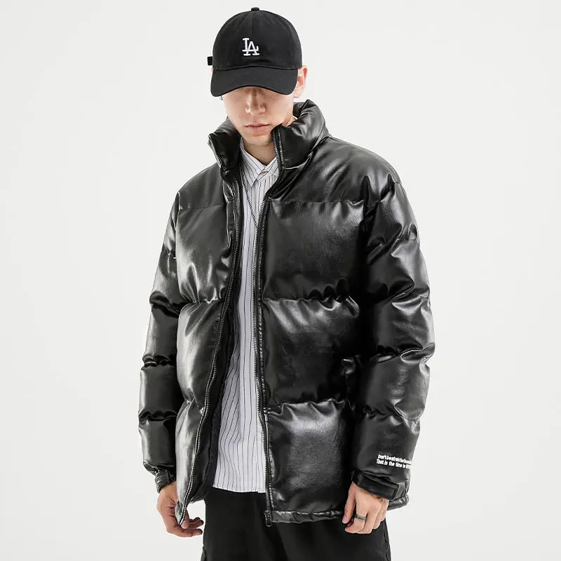Mens Thicken Solid Parkas Oversized Winter Warm Leather Coats Harajuku Men Fashion Loose Zipper Cotton Padded Windproof Jackets
