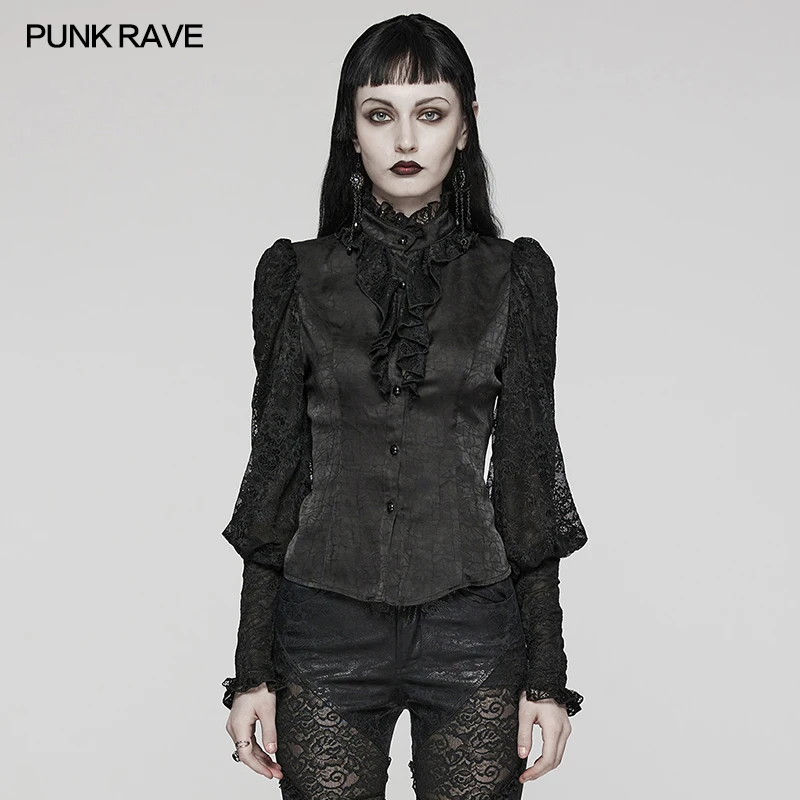 

PUNK RAVE Women's Gothic Textured Glossy Gorgeous Shirts Party Club Black Tops Women Clothing