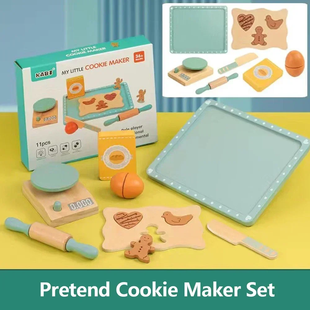Kids Kitchen Toy Set Wooden Coffee Maker Set Simulation Cookie Maker Kit Pretend Play Educational Toys Gifts for Girls Boys 6