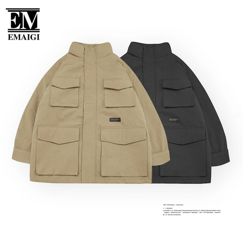 

Winter Men Streetwear Fashion Loose Casual Multi-pocket Tooling Parkas Cargo Jacket Male Padded Cotton Thick Coat Outerwear