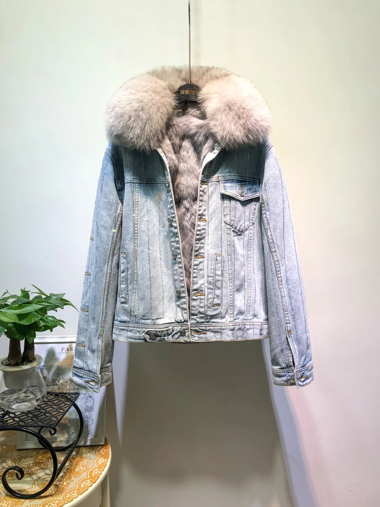 Loose Korean Style Fox Fur Collar Long-Sleeved Denim Jacket for Women 2023 Winter New Fleece-Lined Thickened Wool-Free Parka
