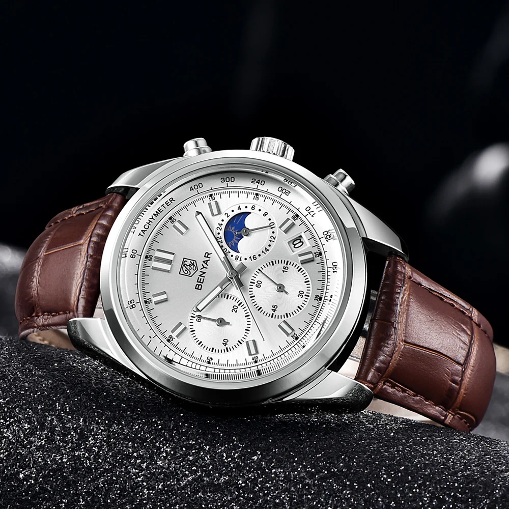 BENYAR Watch For Men 30ATM Waterproof Stainless Steel Quartz Wristwatches Luxury Leather Military Chronograph Watch Reloj Hombre