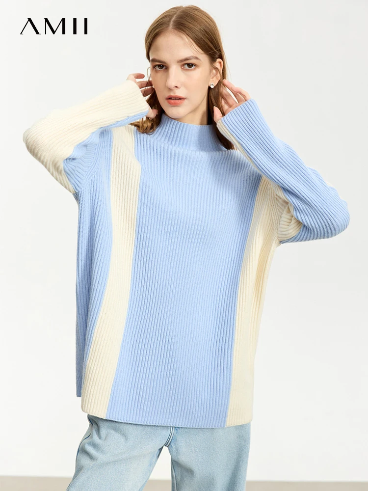 

AMII Minimalist Mock Neck Sweater For Women 2023 Winter New Loose Warm Knitted Bottom Drop Sleeve Spliced Pullovers 12344157