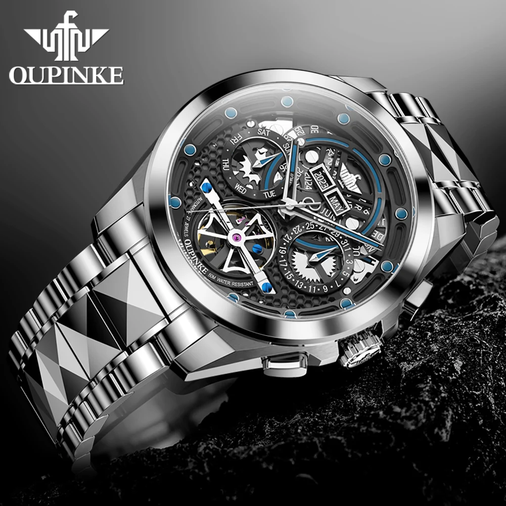 OUPINKE 3249 Men Watch Top Brand 50m Waterproof Mechanical Watch For Men Hollow Skeleton Synthetic Sapphire Mirror Wristwatch