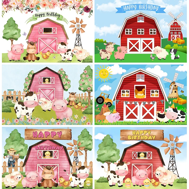 

Farm Birthday Theme Welcome Decoration Background Granja Party Photography Backdrop Cartoon Watercolor Animals Barn Photo Banner