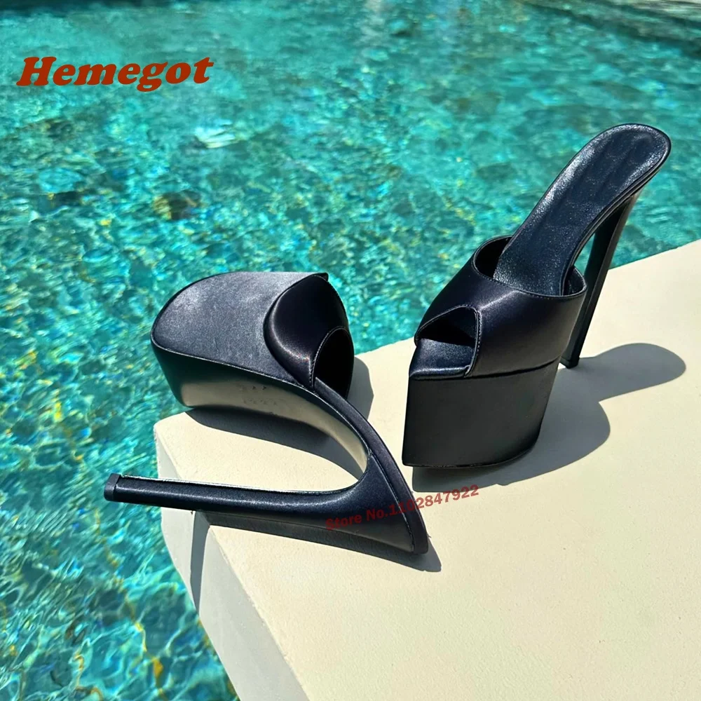 Denim Blue Platform Slippers Pointy Toe Stiletto Solid Mules for Female Slip On Thin High Heels Plus Size 44