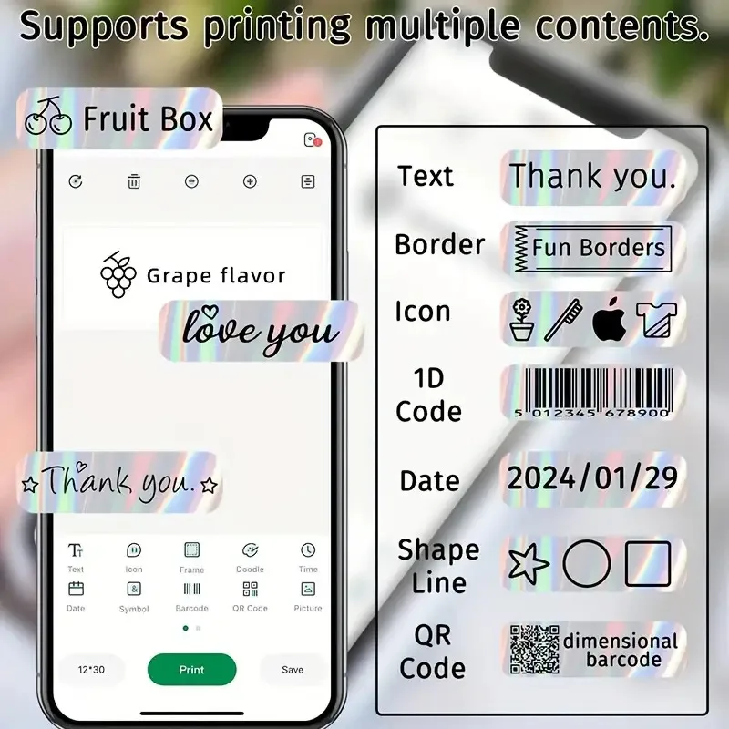4롤 12×40mm 홀로그램 열 스티커, 기름 방지 보풀 없는 스티커, P11/P12/P15/P50/Marklife L11에 적합 가정 사무실 학교용
