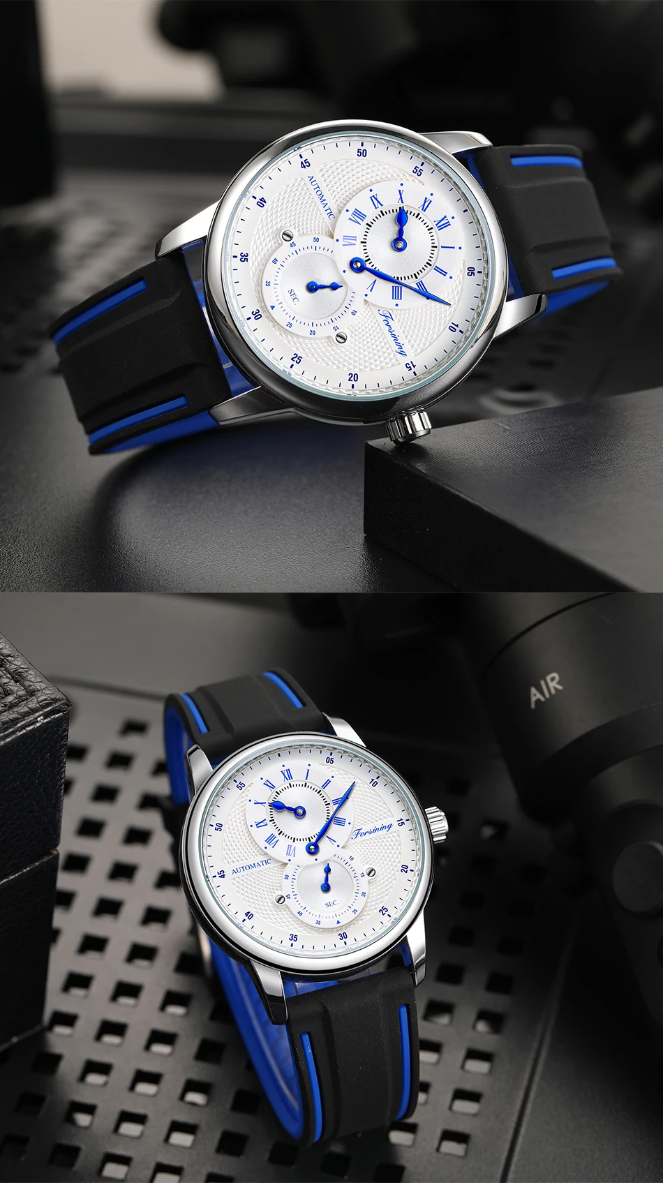 Forsining Orologio da polso automatico da uomo di lusso bianco blu Orologio meccanico impermeabile trasparente Orologio sportivo da uomo con cinturino in silicone_voghion.com