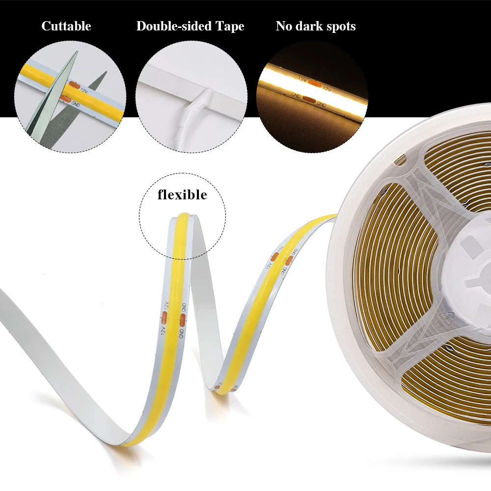 DC 12V COB Led ストリップ 320 LEDs/M RA90 12V 24V COB LED Strip Light High Density 320LEDS/m RA90 IP65