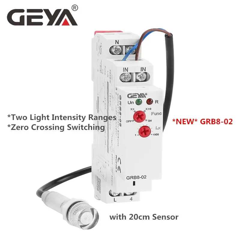 GEYA-Din Rail Temporizador fotoelétrico Sensor de luz Relé, Auto On e Off, GRB8-01, 02, AC110V-240V