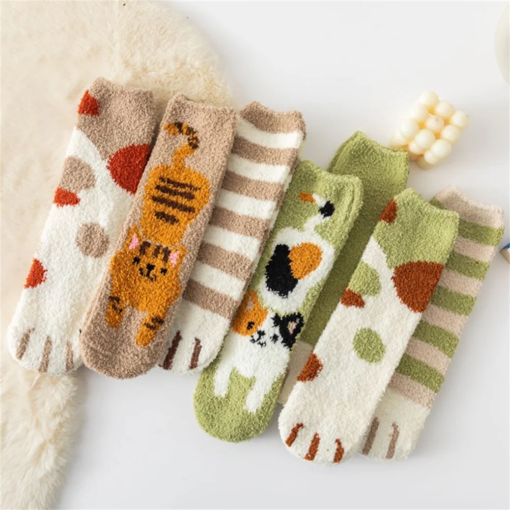 

Women Coral Fleece Socks Cartoon Cat Claws Fluffy Socks Winter Thick Warm Mid-thigh Sleep Socks Cute Cat Paws Men's Floor Socks