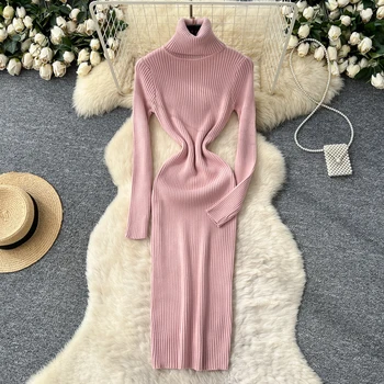 Robe cérémonie femme tricot col roulé manches longues