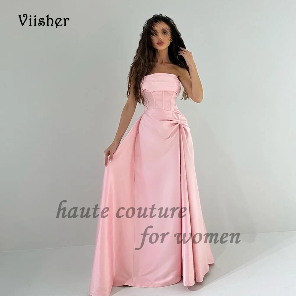 

Viisher Baby Pink Mermaid Evening Dresses for Women Pleats Satin Strapless Formal Dress with Train Long Evening Party Gowns
