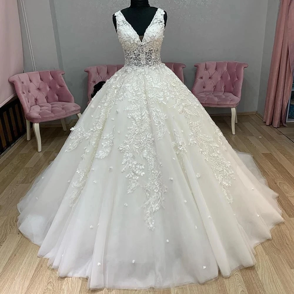 

ANGELSBRIDEP Ball Gown V-Neck Wedding Dresses Vestido De Noiva Sexy See-Though Bodice Court Train Formal Bride Wedding Gowns HOT