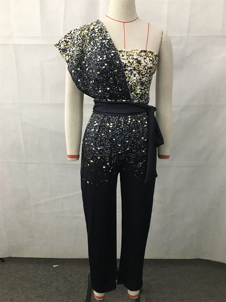 Fashion Sequin Jumpsuit for Women 2023 New Eelgant One Shoulder Sleeveless Slim Bodysuit High Waisted Belt Jumpsuits
