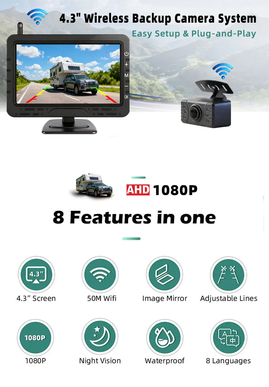 Wireless backup camera kit with monitor