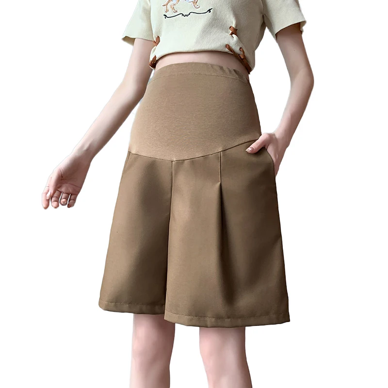 

2024 Summer Maternity Belly Pants Solid Color High Waist Knee-length Wide Legs Pregnant Woman Knee-length Trousers Empire Shorts