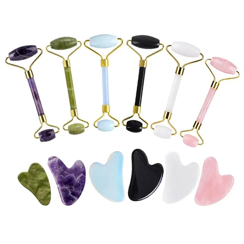 2pcs Natural Jade Stone Jade Roller Guasha Massager Gouache Scraper For Face Black Obsidian Rose Quartz Gua Sha Board Skin Care 2pcs epoxy adhesive 50ml two component resin strong adhesives black 1 1 ab glue set for bonding wood metal plastic ceramic stone