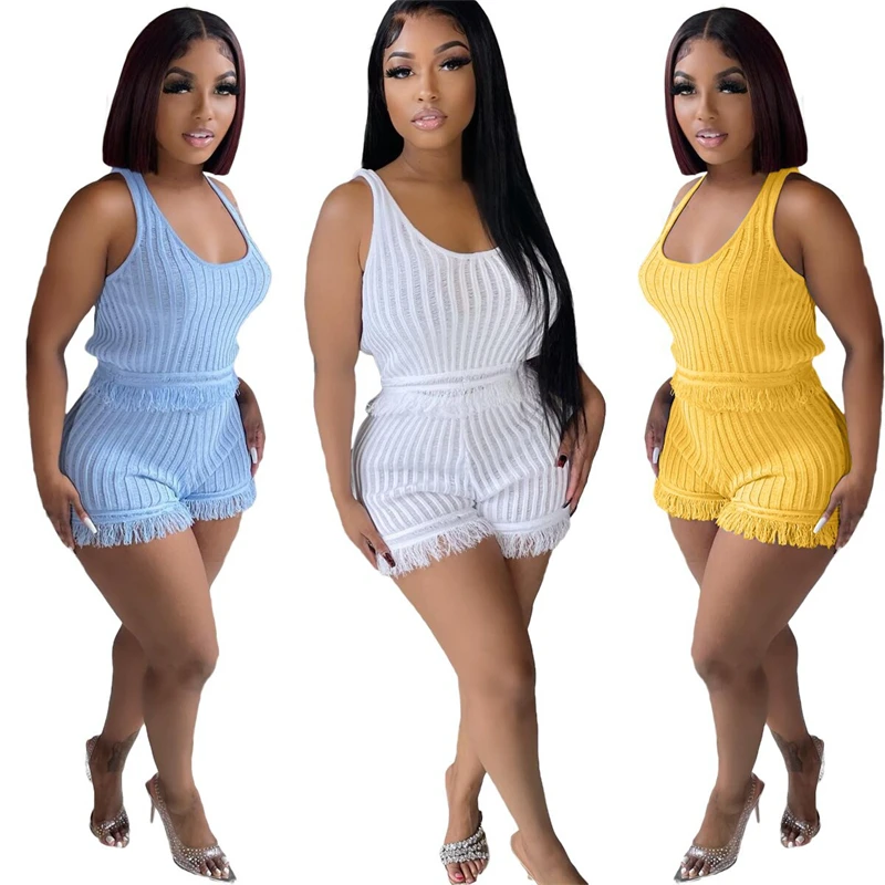 

Solid Tassel Knitted Summer Two Piece Sets Women Sexy Ribbed Tank Top Matching Shorts Fashion Casual Tracksuits Beach Suits