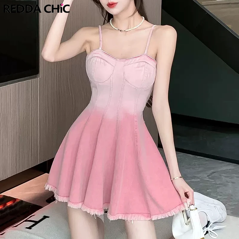 

REDDACHiC Pink Gradient Y2k Denim Corset Dress Spaghetti Strap Ruffle Bustier Summer One-piece Dress Raw Trim Short Miniskirt