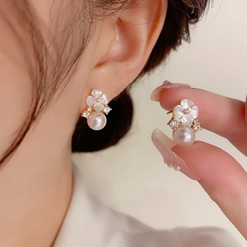 Flower Zircon Pearl Pendant Stud Earrings for Women Elegant Ladies Wedding Party Jewelry