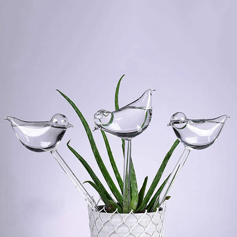 Self Watering Globes Plant Waterer Bird Shape Hand Blown Clear Aqua Bulbs