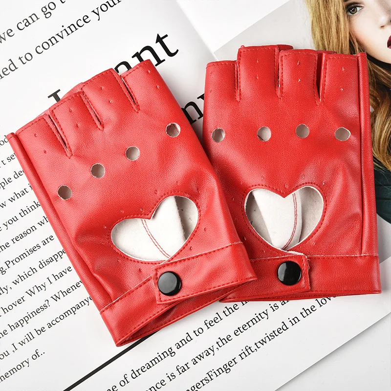 Women Fashion PU Leather Half Finger Gloves Heart Hollow Fingerless Gloves for Boy Dance for pu leather gloves