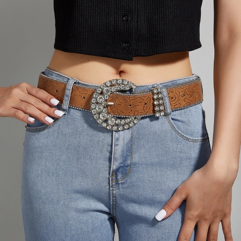 

Blingbling PU Belt for Women Casual Street Hiphop Belt Rhinestones Buckle Belt for Jeans Pants Lady Decorative Waistband