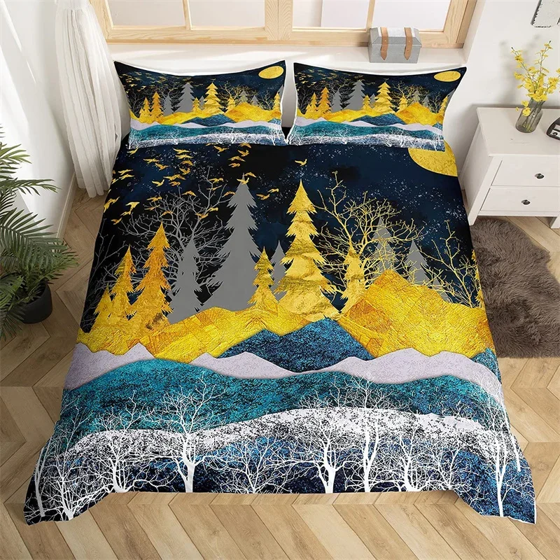 

Abstract Mountain Duvet Cover Natural Scenery Art King Bedding Set For Nature Lover Gift Woodland Hiking Adventure Quilt Cover