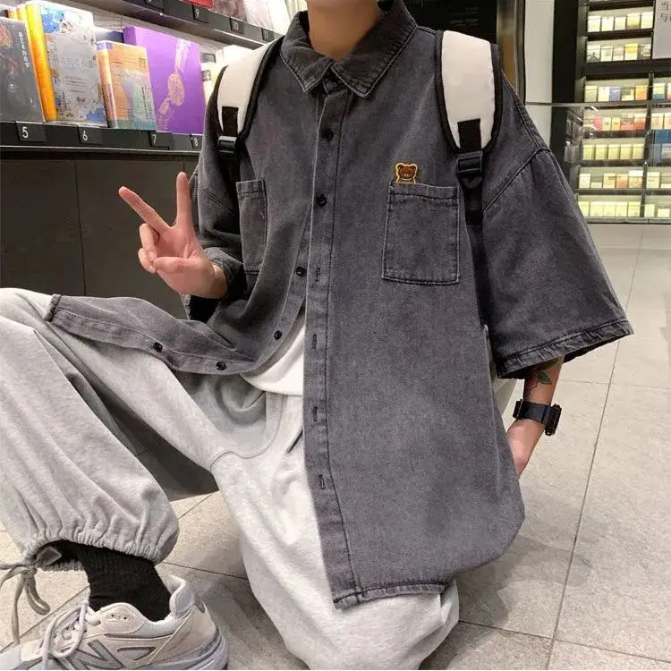 

Korean style Hong Kong style denim short-sleeved shirt men summer trendy loose shirt casual versatile handsome half-sleeved top