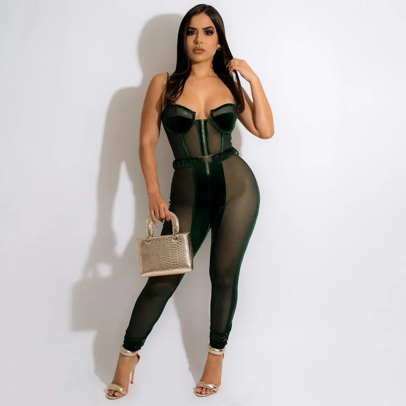 

KEXU Sleeveless Strap Sexy Hollow Out Jumpsuit Sheer Mesh Velvet Patchwork Playsuit Zipper See Through Party Night Club Overalls