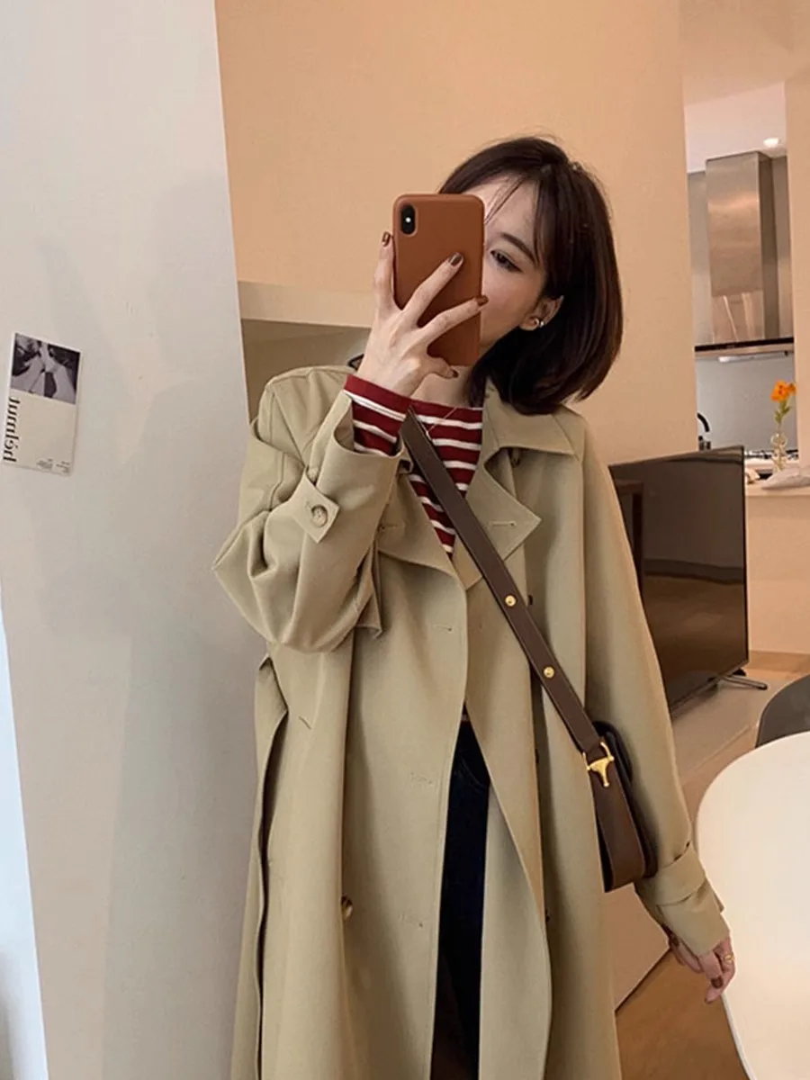 

Fashion New Double-Breasted Women Trench Coat Long Belted Slim Lady Duster Coat Cloak Female Loose Outerwear Autumn Clothes