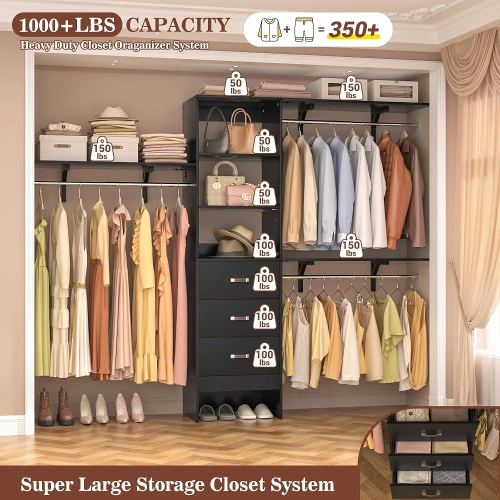 8FT Closet System, 96'' Closet Organizer System with 3 Hanging Rods, Wall Mount Bedroom Wardrobe with 3 Drawers Walk-in Closet,