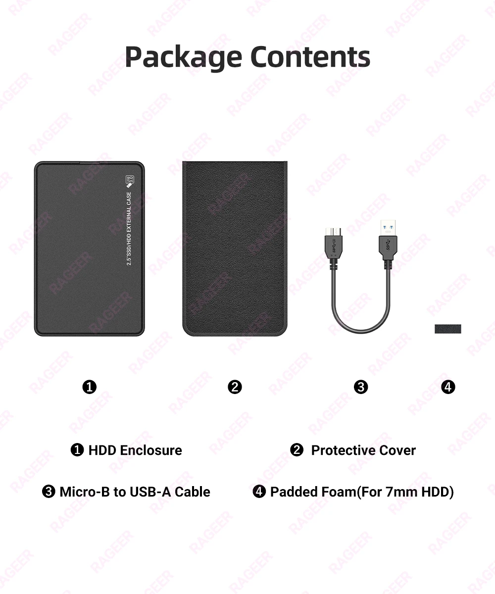 Rageer 2.5 "HDD-Gehäuse 5 Farben externes Festplatten gehäuse USB 3,0 bis Sata 3,0 5 Gbit/s Festplatten gehäuse für 7mm/9,5mm 2.5" Festplatte – Detail 11