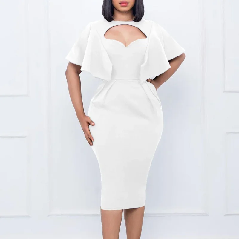 

Elegant Solid Backless High Waist Mini Dress Fashion Stand Collar Half Sleeve Hip Wrap Dress Temperament Ladies Hollow Out Dress